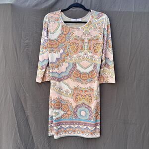 Jean Pierre Klifa Daphne Dress Multicolor Pastel Paisley 3/4 Sleeves Sz Large